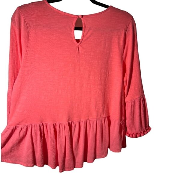 Crown & Ivy Coral Pink Peplum Ruffle Top with Pom Pom Bell Sleeve Trim  Size MP - Picture 3 of 8